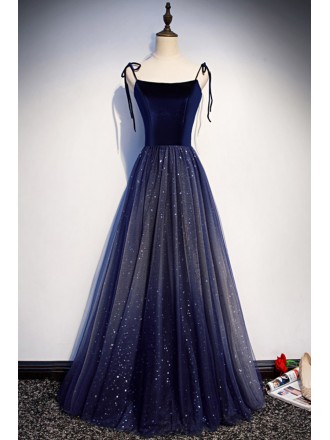 Navy Blue Aline Bling Tulle Prom Dress with Spaghetti Straps