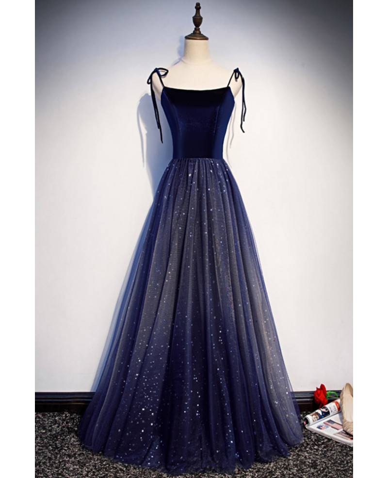 Navy Blue Aline Bling Tulle Prom Dress with Spaghetti Straps #L78301 ...