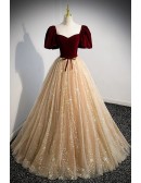 Stars Champagne Ballgown Tulle Prom Dress with Sleeves