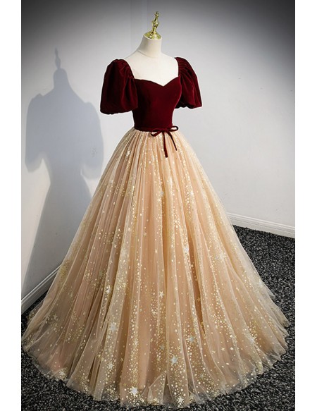 Stars Champagne Ballgown Tulle Prom Dress with Sleeves