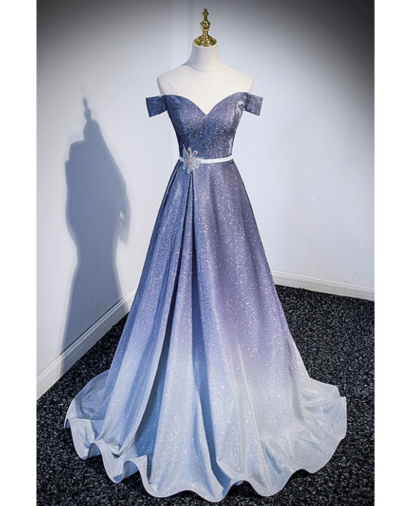 Fantasy Bling Ombre Blue Off Shoulder Prom Dress #L78053 - GemGrace.com
