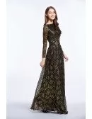 Elegant Black Embroided Long Formal Dress With Long Sleeves