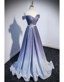 Fantasy Bling Ombre Blue Off Shoulder Prom Dress