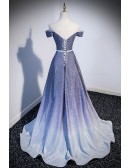 Fantasy Bling Ombre Blue Off Shoulder Prom Dress