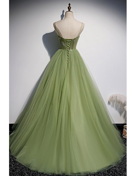 Fairytale Green Tulle Ballgown Prom Dress with Spaghetti Straps