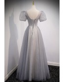 Grey Silver Sequined Vneck Prom Dress with Bubble Sleeves