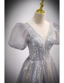 Grey Silver Sequined Vneck Prom Dress with Bubble Sleeves