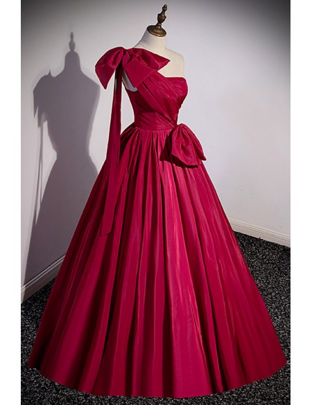 Burgundy Pleated One Shoulder Formal Prom Dress with Bows