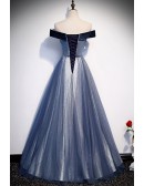 Off Shoulder Blue Beaded Long Tulle Prom Dress