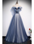 Off Shoulder Blue Beaded Long Tulle Prom Dress
