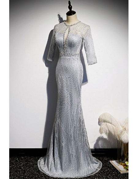 Sparkly Silver Sequined Mermaid Formal Dress with Half Sleeves