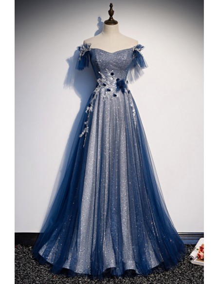 Metallic Blue Tulle Aline Prom Dress Off Shoulder