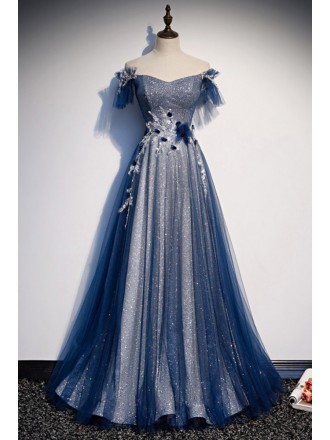 Metallic Blue Tulle Aline Prom Dress Off Shoulder