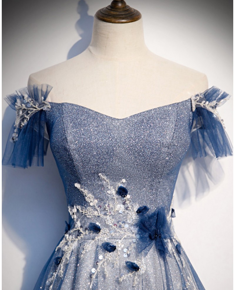 Metallic Blue Tulle Aline Prom Dress Off Shoulder #L78267 - GemGrace.com