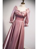 Sleek Pink Long Party Dress with Lantern Sleeves