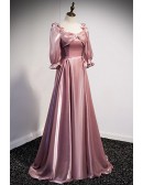 Sleek Pink Long Party Dress with Lantern Sleeves