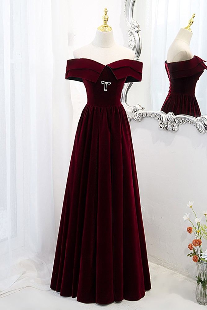 Off Shoulder Long Velvet Dresses with Slit Ocean Blue