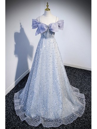Sparkly Sequins Long Tulle Prom Dress with Straps Bow Knot