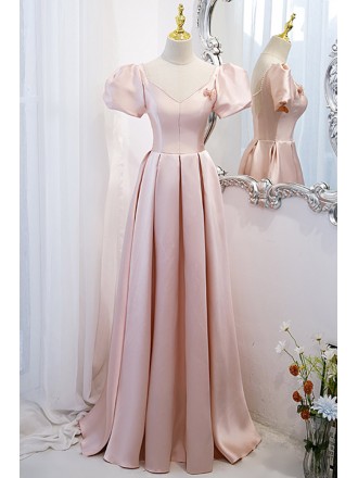 Pink Satin Elegant Aline Prom Dress Vneck with Ruffles