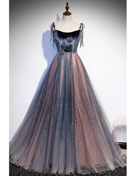 Mistery Ombre Bling Tulle Prom Dress with Spaghetti Straps