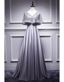 Elegant Beaded Cape Style Silver Grey Prom Dress For Formal