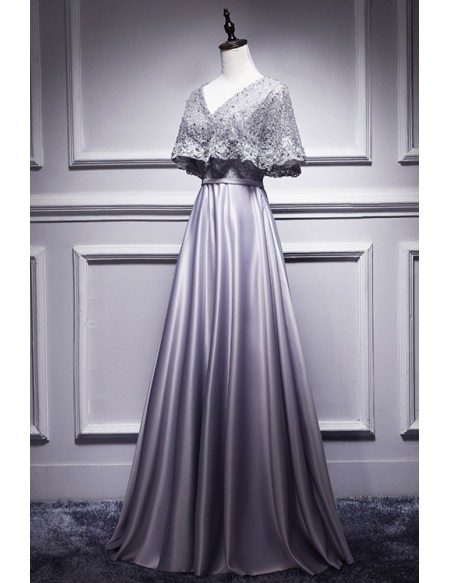 Elegant Beaded Cape Style Silver Grey Prom Dress For Formal
