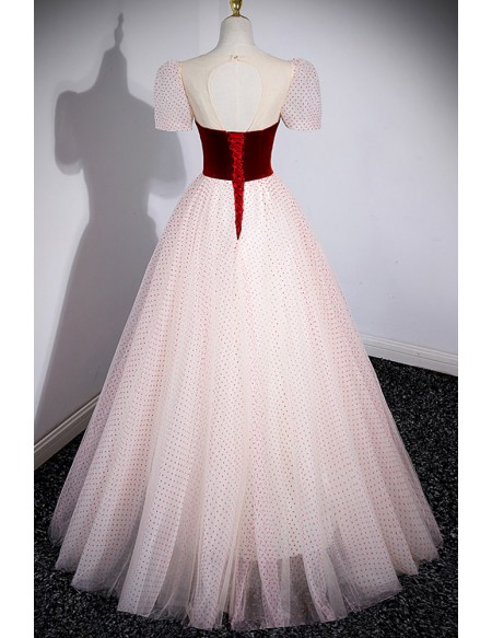 Polka Dot Long Tulle Prom Dress with Velvet Sash Bubble Sleeves
