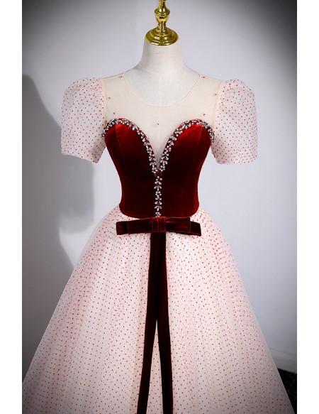 Polka Dot Long Tulle Prom Dress with Velvet Sash Bubble Sleeves