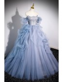 Stunning Blue Tulle Ruffled Ballgown Prom Dress with Blings