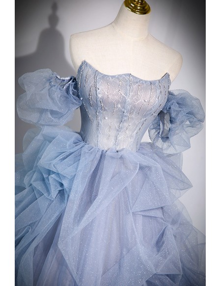 Stunning Blue Tulle Ruffled Ballgown Prom Dress with Blings
