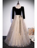 Gold Star Bling Tulle Long Sleeved Prom Dress with Square Neckline