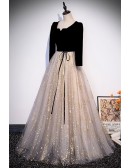 Gold Star Bling Tulle Long Sleeved Prom Dress with Square Neckline