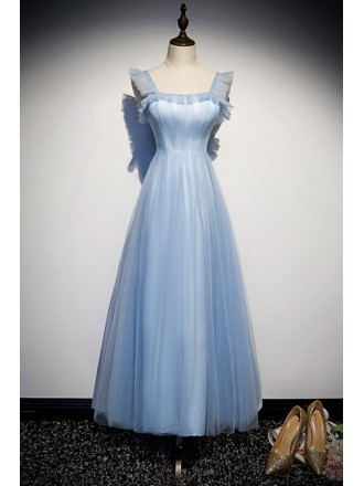 Pretty Blue Aline Tulle Tea Length Party Dress