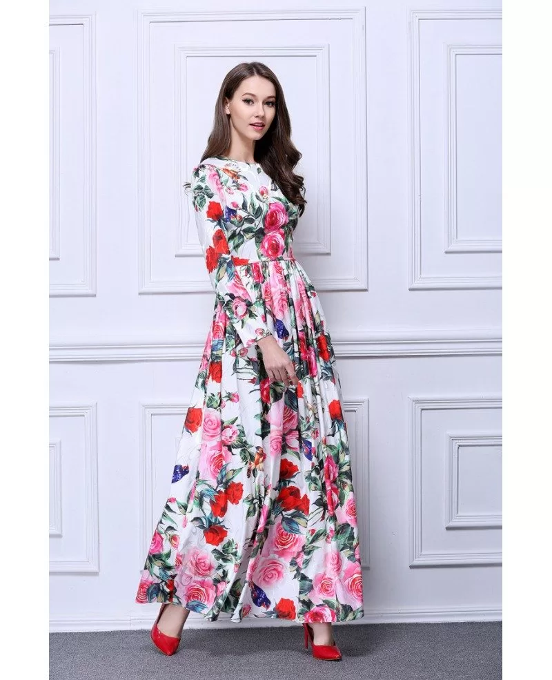 BOHO Floral printed Chiffon Long Wedding Guest Dress With Long Sleeves ...