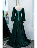 Elegant Lantern Sleeves Dark Green Velvet Formal Dress