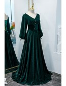 Elegant Lantern Sleeves Dark Green Velvet Formal Dress