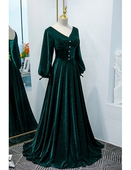 Elegant Lantern Sleeves Dark Green Velvet Formal Dress #L78189 ...