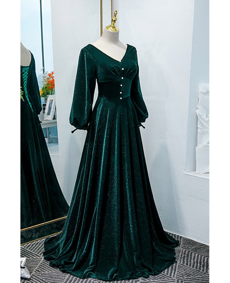 Elegant Lantern Sleeves Dark Green Velvet Formal Dress #L78189 ...