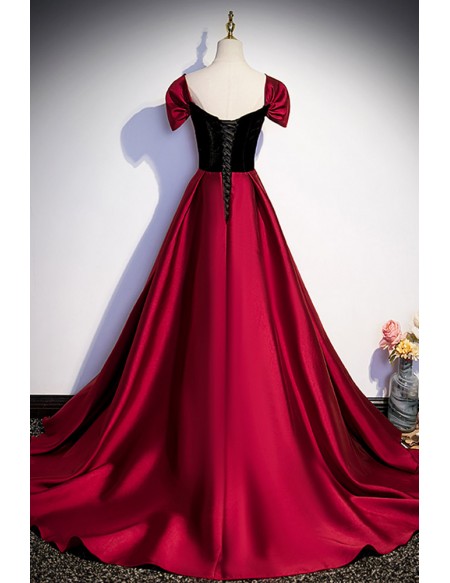 Elegant Burgundy Satin Long Prom Dress with Cap Sleeves