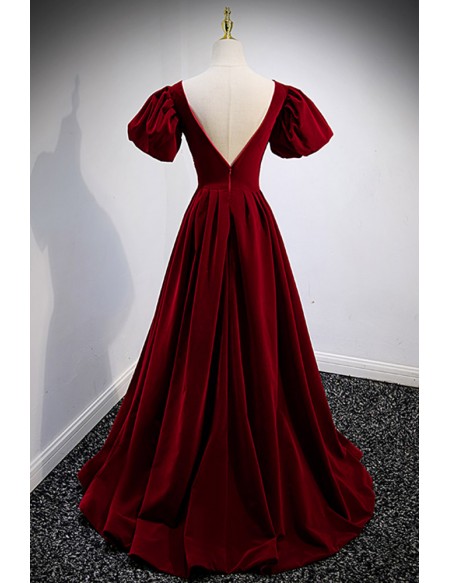 Vneck Burgundy Velvet Long Prom Dress with Beadings