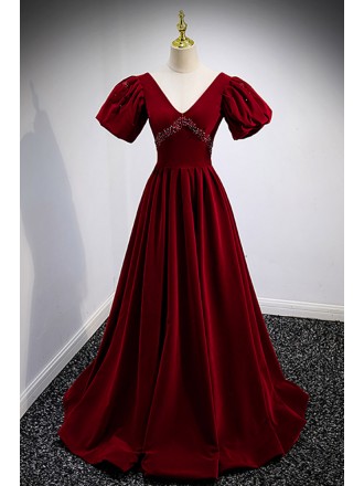 Vneck Burgundy Velvet Long Prom Dress with Beadings