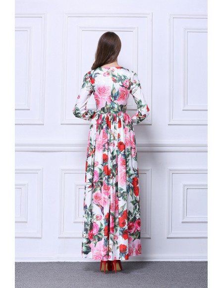 BOHO Floral printed Chiffon Long Wedding Guest Dress With Long Sleeves ...