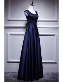 Elegant Navy Blue Satin Long Prom Dress Sleeveless