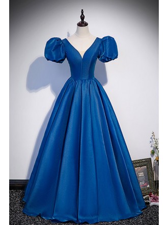 Princess Blue Vneck Prom Dress with Bubble Sleeves