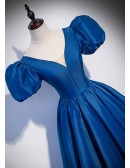 Princess Blue Vneck Prom Dress with Bubble Sleeves