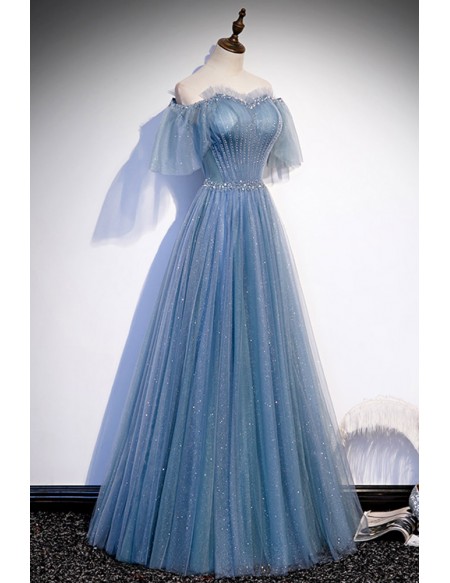 Dreamy Off Shoulder Blue Bling Tulle Prom Dress with Sequins