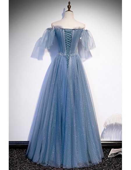 Dreamy Off Shoulder Blue Bling Tulle Prom Dress with Sequins