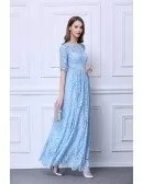 Feminine A-Line Lace Long Prom Dress With Short Sleeves