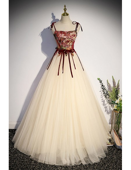 Flowers Champagne Long Tulle Prom Dress with Straps Deco