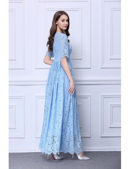 Feminine A-Line Lace Long Prom Dress With Short Sleeves